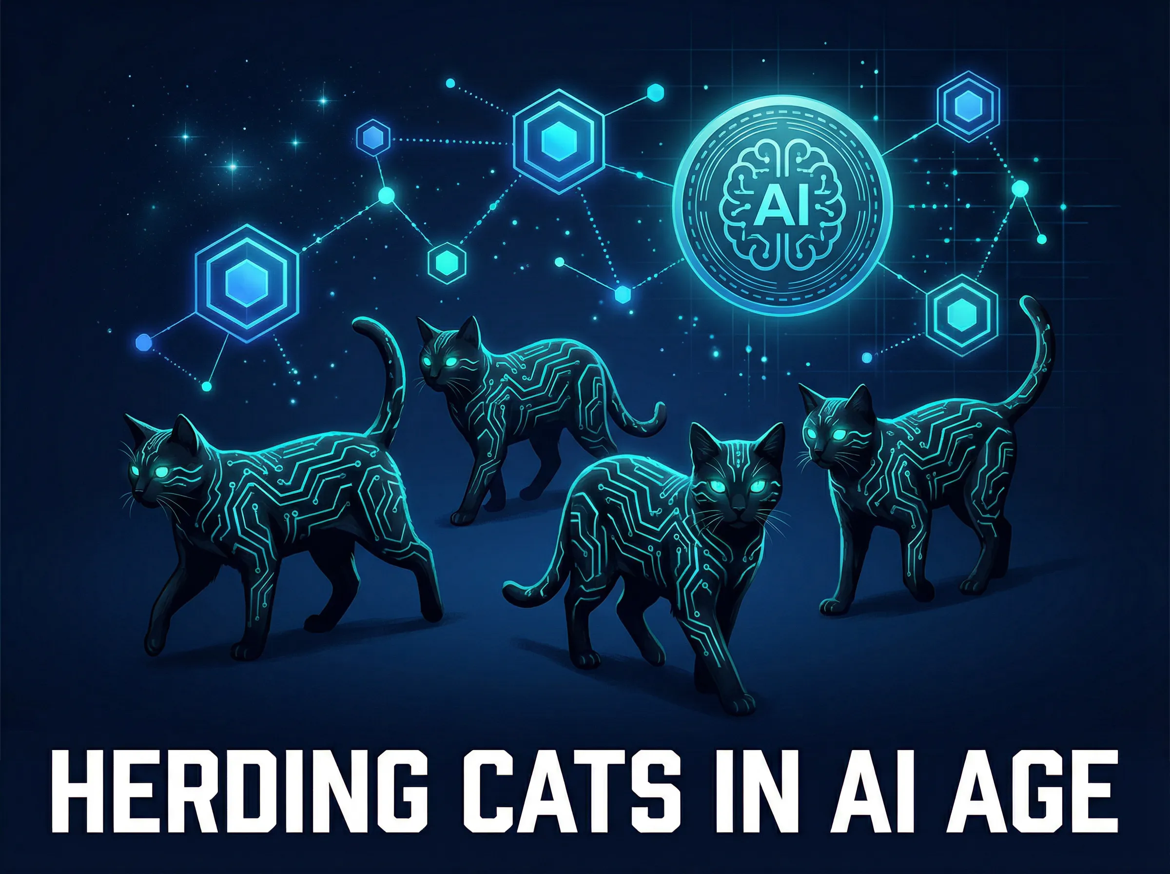 Google Gemini via Firefly cyberpunk cats with readable HERDING CATS IN AI AGE text